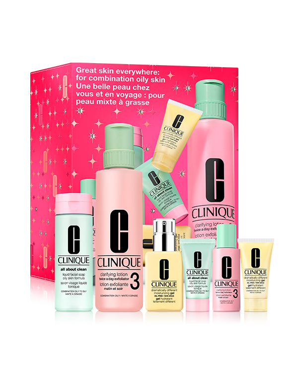 Set Clinique 3 Pasos Piel 3: Mixta-Grasa, Los tres pasos exclusivos de Clinique para una piel radiante: un set para casa y otro de viaje. Personalizado para pieles grasas.