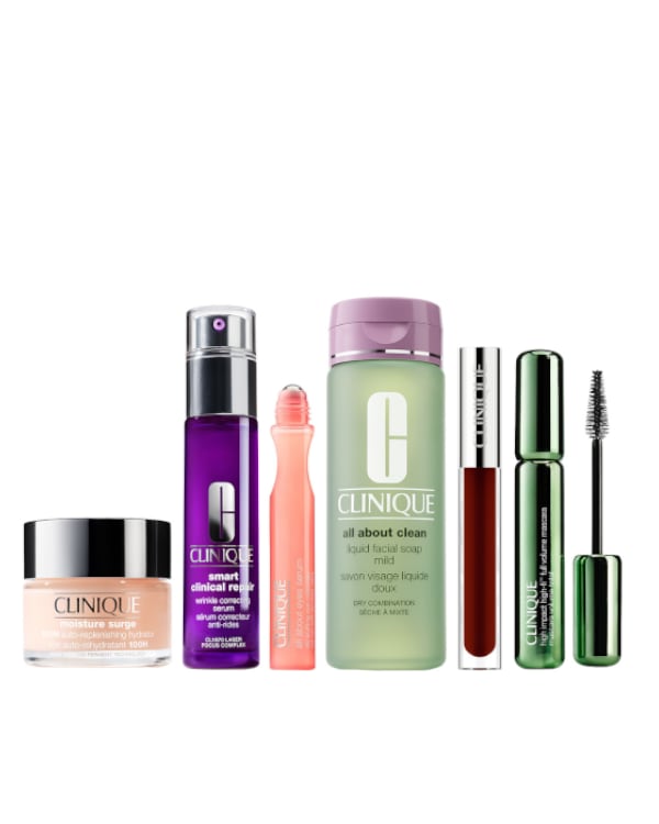 Set Favoritos de Clinique, Luce una piel radiante y un look impecable. Hidrata, corrige arrugas, reduce ojeras y elimina el maquillaje fácilmente, mientras realzas tu mirada y labios con color intenso y pestañas atrevidas. ¡Cuidado y belleza en un solo kit!